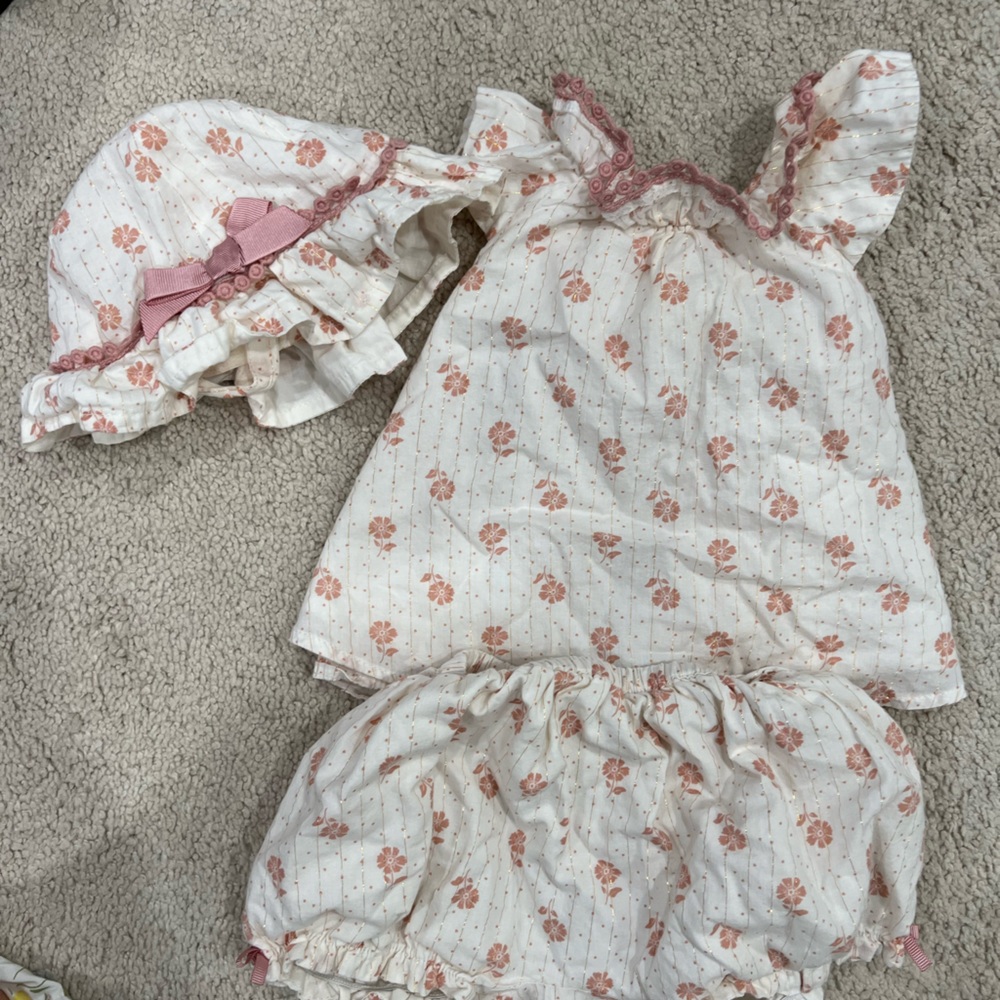 Matching 3 Piece Smocked Set. Gold shimmer with white and pink